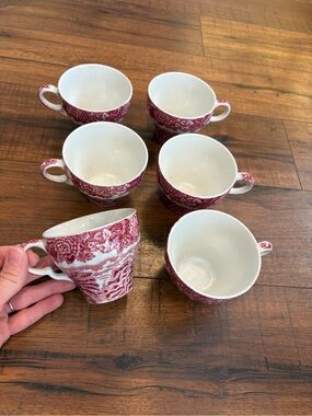 ENOCH WOODS WARE ENGLISH SCENERY RED/PINK TRANSFER TEACUP SET 6